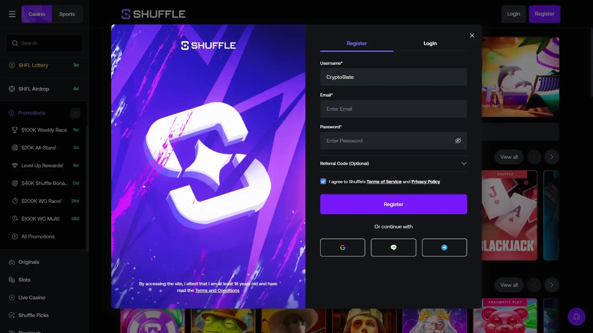 How to use a Shuffle casino affiliate code registration UI screenshot