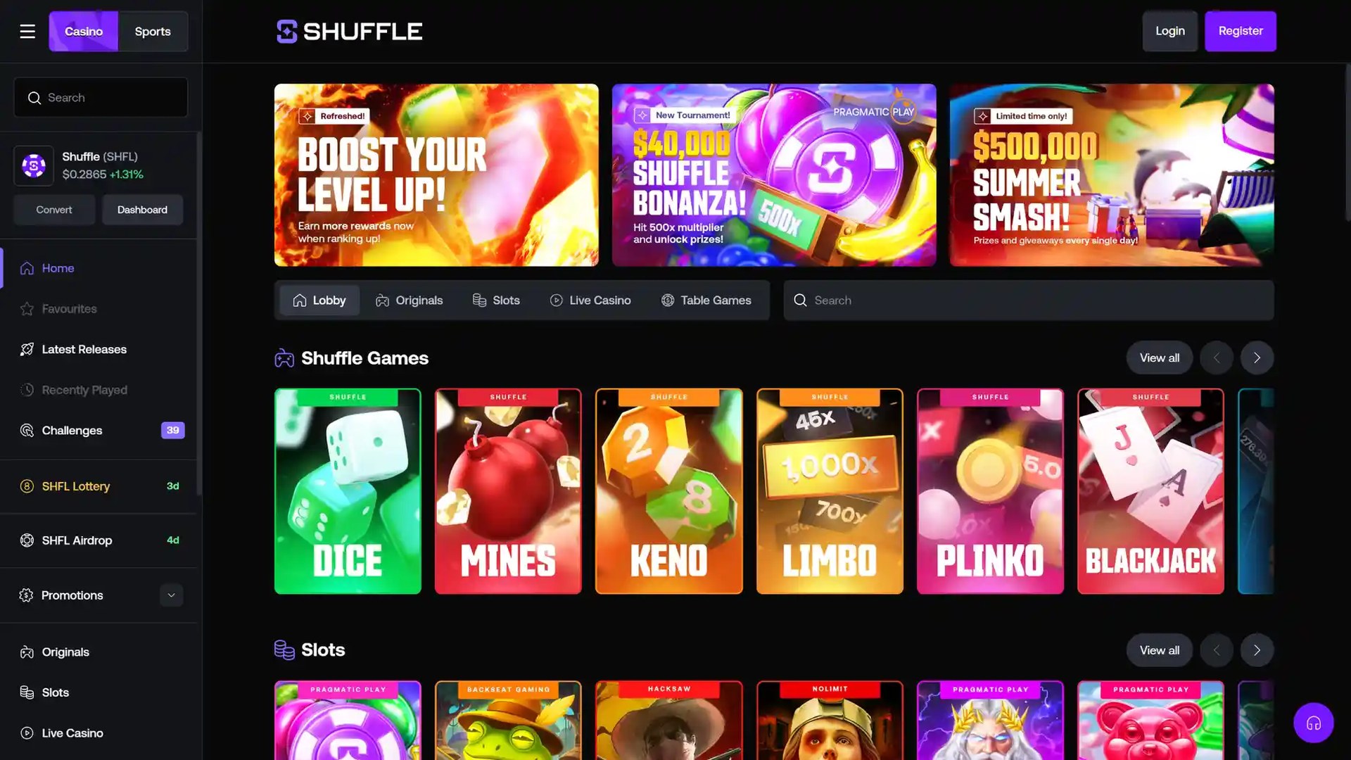 Shuffle Originals and casino games lobby screenshot