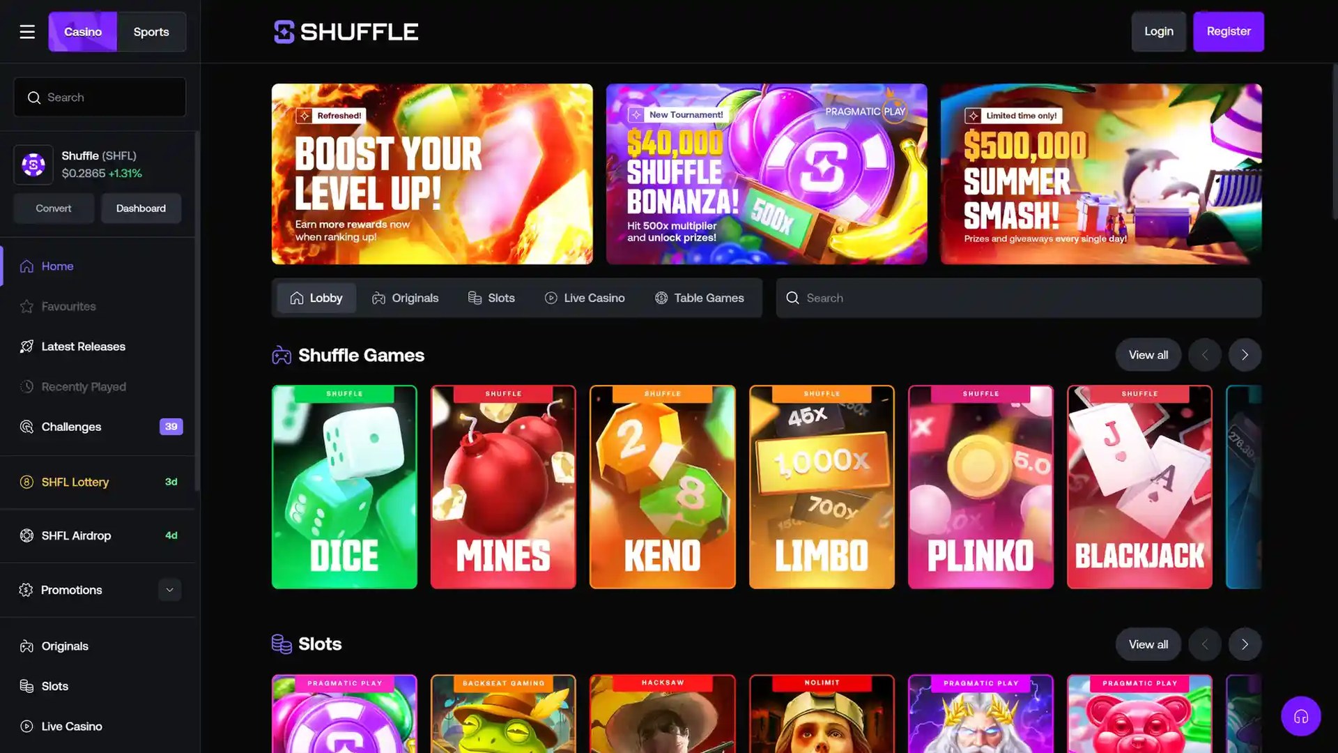 Shuffle casino homepage lobby screenshot